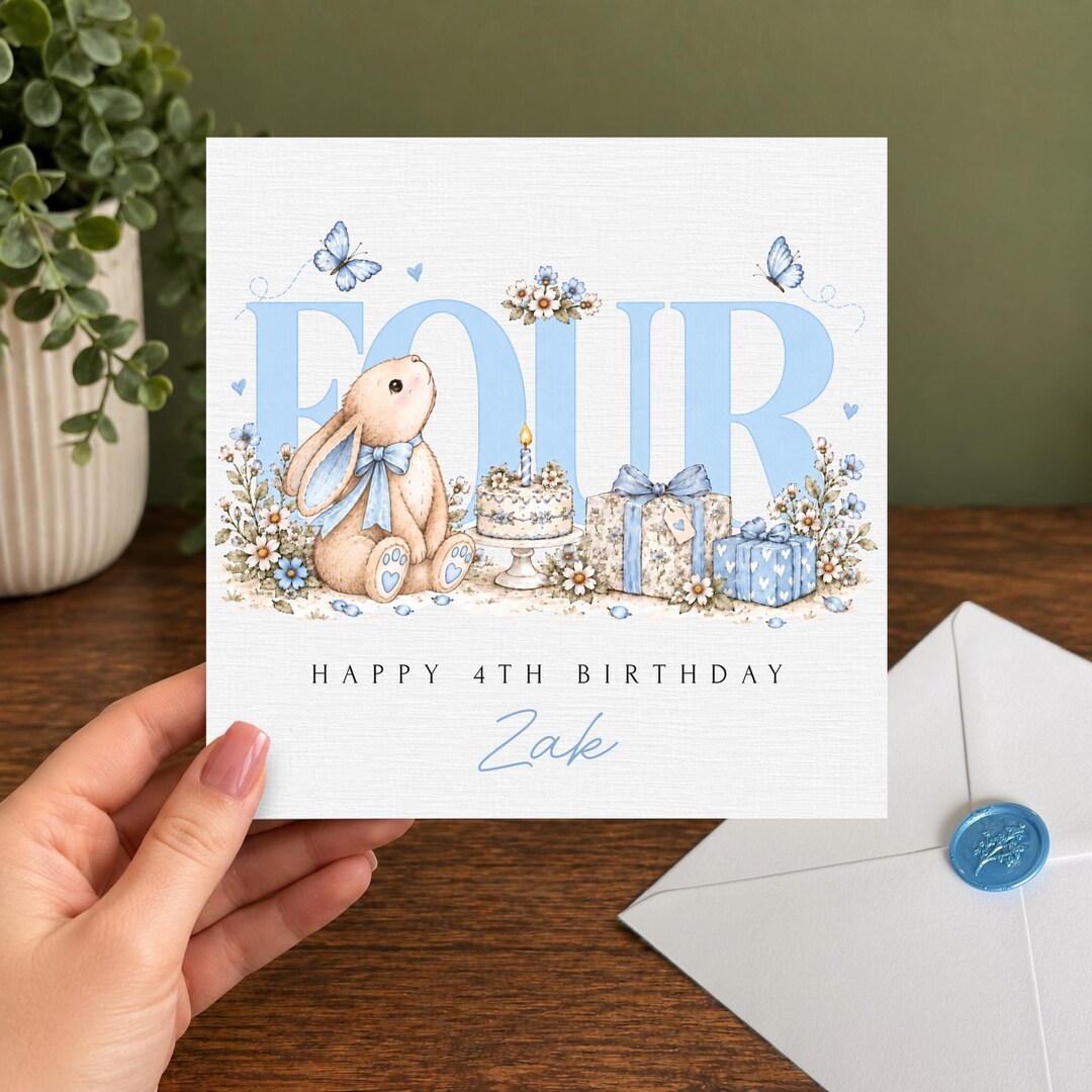 Transparent Pink Rabbit Personalised 4th Birthday Bunny Card, Fourth Birthday Card, Blue or ...