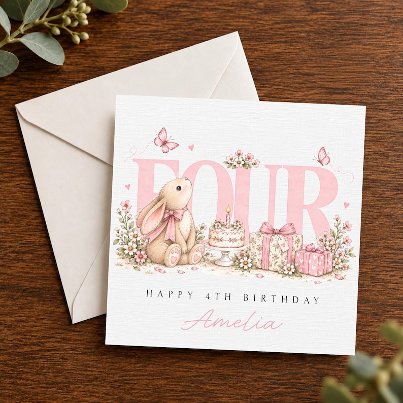 Transparent Pink Rabbit Personalised 4th Birthday Bunny Card, Fourth Birthday Card, Blue or ...