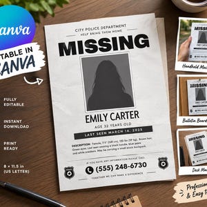 May include: A missing person flyer template featuring the text CITY POLICE DEPARTMENT, MISSING, EMILY CARTER, AGE 32 YEARS OLD, LAST SEEN MARCH 14, 2025, and the phone number (555) 248-6730, with a silhouette portrait and physical description details.