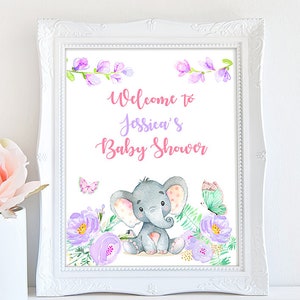 Imprimible bienvenida signo elefante bebé ducha decoración- acuarela púrpura Floral IMPRESIBLE