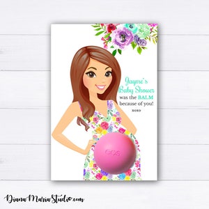 Uchwyt na balsam Eos ułatwia narodziny dziecka - Etykiety na baby shower - Uchwyt na balsam na brzuch - Przyszła mama Sukienka w kwiaty - DO DRUKU