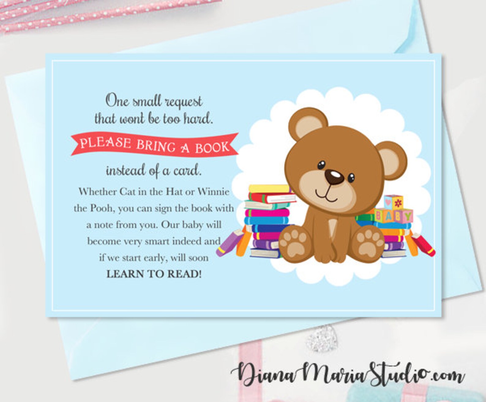 Book Insert Baby Shower Printable Bring a Book Card Teddy Bear Etsy