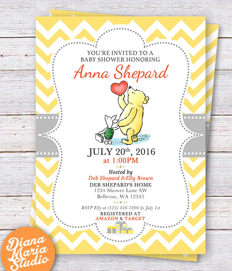 Winnie the Pooh Baby Shower Invitation - Classic Winnie the Pooh Gender Neutral Yellow Chevron Invitation-PRINTABLE 