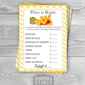 Prijs is goed Babyshowerspel/Winnie de Poeh-spel/DIY afdrukbaar digitaal bestand/gele chevron - INSTANT DOWNLOAD