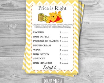 Price is Right Baby Shower Game /Winnie the Pooh Game/DIY Printable Digital File /Yellow chevron - INSTANT DOWNLOAD