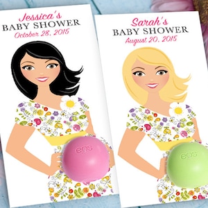 Upominki EOS na Baby Shower - przyszła mama w kwiecistej sukience - drukowane etykiety na upominki - spersonalizowane podziękowania