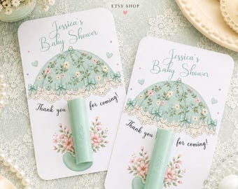 Coquette Baby Shower Favor Card, Umbrella Lip Balm Holder, Sweet Mint Balm Gift Tag