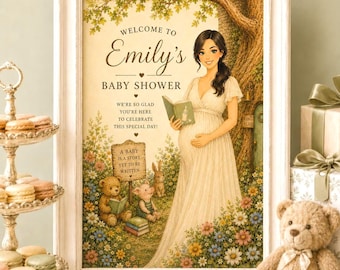 Classic Pooh Baby Shower Welcome Sign, Custom Mom Illustration, Storybook Watercolor Print (Digital File)