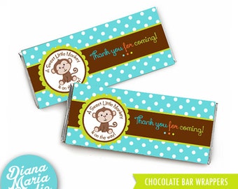 Monkey Chocolate Bar Wrappers Personalized - Printable Candy Wrappers Label for Monkey Baby Shower DIY - INSTANT DOWNLOAD