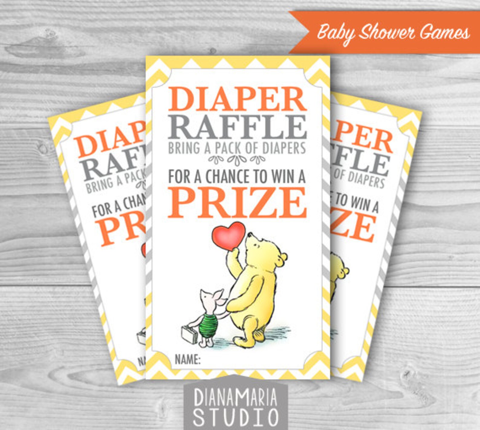 Printable Winnie Pooh Diaper Raffle Tickets Neutral Baby Shower yellow ...
