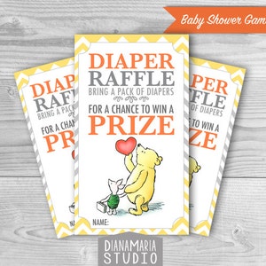 Para imprimir Winnie Pooh rifa - Neutral bebé pañal ducha - amarillo Chevron-INSTANT DOWNLOAD