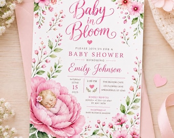 Baby in Bloom Shower Invitation, Baby Girl Watercolor Floral Blooming Invite, Printable