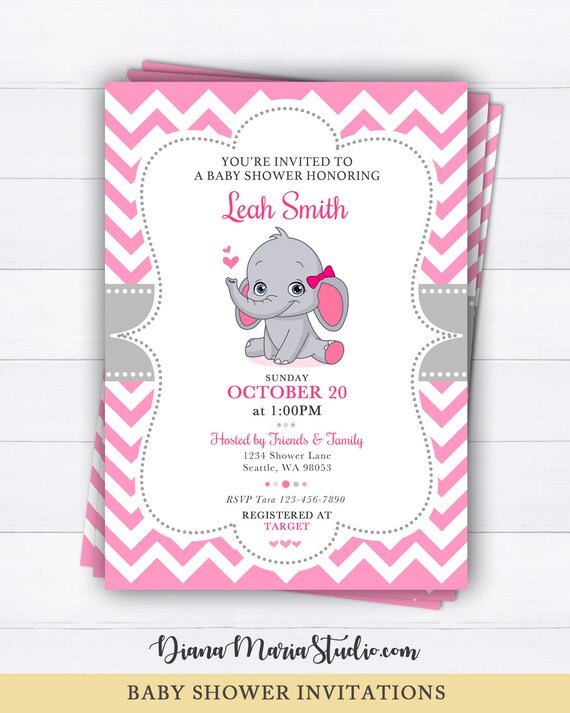 Elephant Baby Shower Invitation Pink Elephant Girl baby Etsy