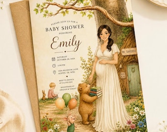 Classic Pooh Baby Shower Invitation, Custom Mom Illustration, Storybook Invite (Digital Download)