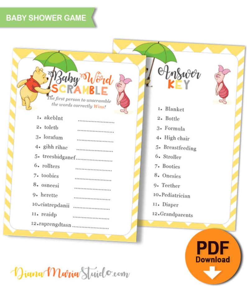 printable winnie the pooh game baby shower baby word scramble etsy