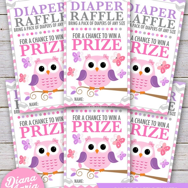Diaper Raffle Tickets - Owl Baby Shower Games Printable diaper raffle tickets Pink and purple chevron - INSTANT DOWNLOAD