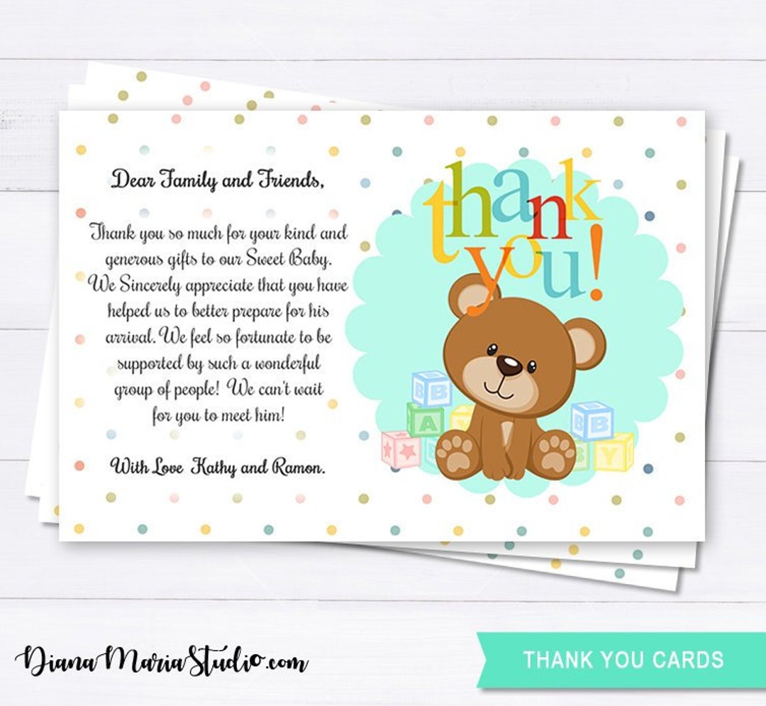 Printable Thank You Cards Baby Shower Teddy Bear Personalized Thank You