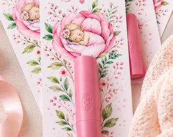 Baby in Bloom Favor Cards, Floral Shower Gifts, Lip Balm Holder, Girl Favors