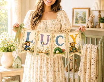 Personalized Storybook Name Banner, Vintage Animals, Cottagecore Nursery Garland (Digital Download)