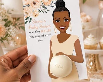 Personalized Baby Shower Favor Card, African American Mom Illustration, Floral Design (Digital Template)