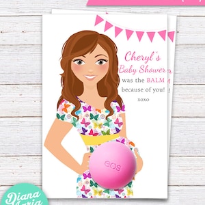 Baby Shower Favors EOS Lippenbalsam - Favor Card Template - Curly Mom to be in Butterfly Muster Kleid - PRINTABLE