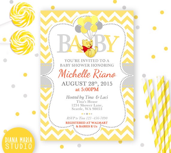 Baby Shower Invitation Winnie The Pooh Printable Yellow Etsy