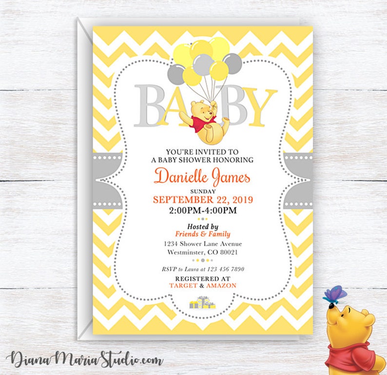 Baby Shower Invitation Winnie The Pooh Printable Yellow Etsy Baby Shower Invitation Winnie The Pooh Printable Yellow Etsy