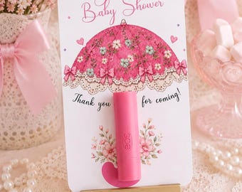 Coquette Baby Shower Favor Card, Umbrella Lip Balm Holder, Pink Bow Strawberry Sorbet