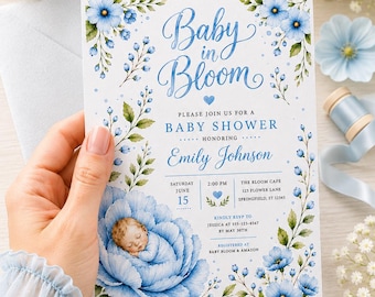 Baby in Bloom Shower Invitation, Baby Boy Blooming Invite, Printable