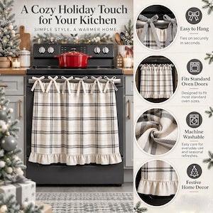 May include: A beige and black plaid oven door towel featuring a ruffled bottom edge and six fabric ties at the top. The towel is displayed hanging on a black oven handle, with circular insets showing the ties, fabric texture, and ruffle detail.
