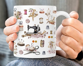 Sewing mug gift set 2 x bone china mugs avec needlework imprimer en noir boîte cadeau