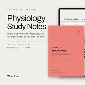 May include: Physiology Study Notes featuring 20 sheets, 45 pages, and hyperlinked content. The set includes a coral-colored cover page with the text Physiology Study Notes and a white page displaying a diagram of the heart and blood flow.