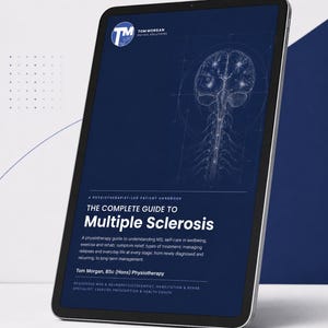 May include: A digital tablet displaying a dark blue cover for a patient handbook titled The Complete Guide to Multiple Sclerosis by Tom Morgan. The cover features a white line-art illustration of a human brain and spinal cord on a dark background.