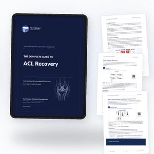 May include: A digital tablet displaying a dark blue cover titled The Complete Guide to ACL Recovery by Tom Morgan, alongside three printed pages showing medical text, anatomical diagrams of the knee, and exercise instructions for rehabilitation.