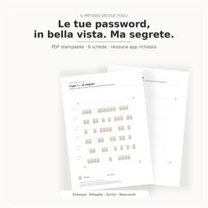 May include: A printable PDF password organizer featuring six sheets with rows of small rectangular boxes for recording credentials. The text reads: IL METODO DEI DUE FOGLI, Le tue password, in bella vista. Ma segrete., PDF stampabile, 6 schede.