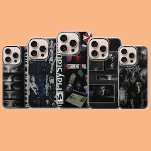 May include: Five clear smartphone cases featuring Resident Evil themed graphics. The designs include character portraits, the PlayStation logo, game items, and the Resident Evil title text. Each case has a cutout for a triple camera lens array.