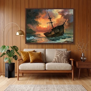 May include: A rectangular wall art print featuring an oil painting of a dark, weathered sailing ship navigating turbulent, choppy ocean waves under a dramatic, fiery sunset sky with deep orange, yellow, and dark storm clouds.