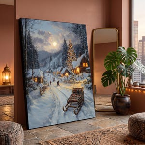 居心地の良い冬の村の風景、雪に覆われた小屋のキャンバス、ホリデーライトのウォールアート、クリスマスツリーの飾り、月明かりに照らされた冬の風景のキャンバス