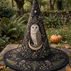 Svart ugglahäxhatt, botanisk skogshäxkärna, himmelska månstjärnor (Halloweendräkt)