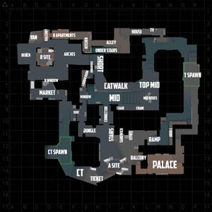 May include: A tactical map of the game level DE_MIRAGE featuring a top-down layout with labeled areas including B Site, A Site, Mid, Catwalk, Palace, and T Spawn. The grid-based diagram displays various structural points and pathways in shades of gray.