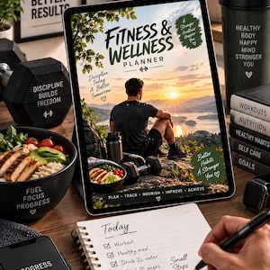 May include: A digital tablet displaying a Fitness & Wellness Planner cover with a sunset landscape, surrounded by a black dumbbell, a bowl of food, a shaker bottle, a smartphone with the text Progress Not Perfection, and a spiral notebook with a to-do list.