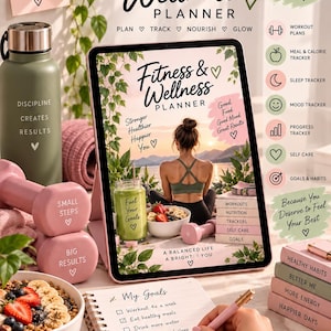 May include: A digital fitness and wellness planner displayed on a tablet, featuring a cover image of a person sitting by a lake. The scene includes a green water bottle, pink dumbbells, a bowl of fruit, and a spiral notebook with a goal list.
