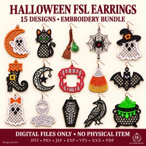 Op de afbeelding: Een digitaal borduurpakket met 15 Halloween FSL-oorbelontwerpen, waaronder spoken, een zwarte kat, een bezem, een spinnenweb, een heks, een laars, een maan, vampiertanden, zuurstokken, een vleermuis, een mummie, een doodskist en een ketel.
