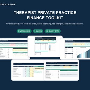 May include: A digital finance toolkit for therapists featuring five Excel workbooks and five guides. The dark blue graphic displays the title Therapist Private Practice Finance Toolkit, with five dashboard previews showing financial data, charts, and tables.