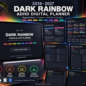 ADHD Digital Planner, 2026–2027 Dark Rainbow Hyperlinked PDF Download