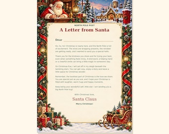 Letter from Santa Printable, Christmas Letter for Kids, Blank Name Line, North Pole Letter, Red Green Gold A4 PDF Download