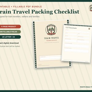 Train Travel Packing Checklist Printable, Rail Trip Essentials Planner, Fillable PDF, Railfan Vacation Organizer