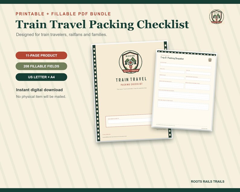 Train Travel Packing Checklist Printable, Rail Trip Essentials Planner, Fillable PDF, Railfan Vacation Organizer