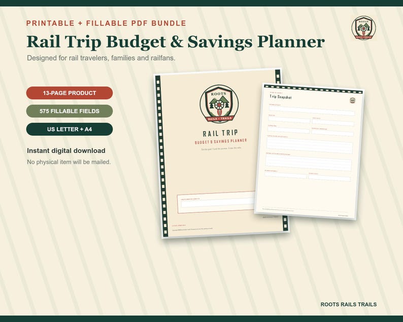 Rail Trip Budget and Savings Planner Printable, Train Travel Expense Tracker, Fillable PDF, Railroad Vacation Organizer