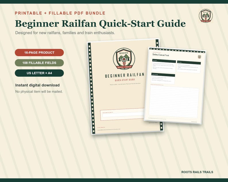 Beginner Railfan Quick-Start Guide Printable, Train Watching Safety and Sighting Log, Fillable PDF, Railfan Gift
